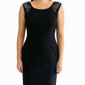 Vince Camuto Black Beaded Shoulder Sheath Dress 14 Cocktail Midi